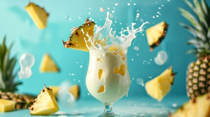 Tropical Bliss, A Vibrant Pineapple Milkshake Enchants as It Splashes Into a Crystal Glass