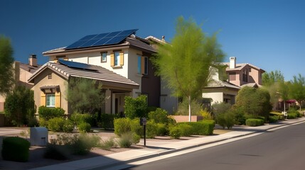 Fototapeta na wymiar residential house with solar panels in suburban neighborhood phx, Arizona,