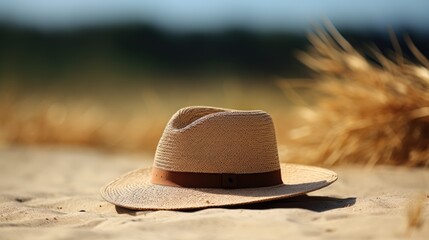 Straw hat on sand. Holiday concept. Travel and vacation concept.