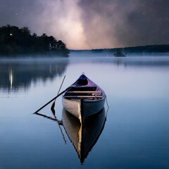 Lone canoe in calm waters 