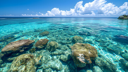A photo of the coral reefs of Okinawa, with crystal clear waters