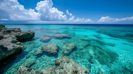 A photo of the coral reefs of Okinawa, with crystal clear waters