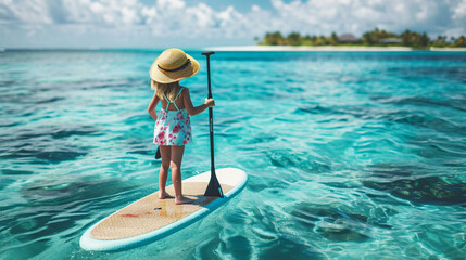 モルディブの熱帯の海で暑い晴れた日にサーフィンをする子供GenerativeAI - obrazy, fototapety, plakaty