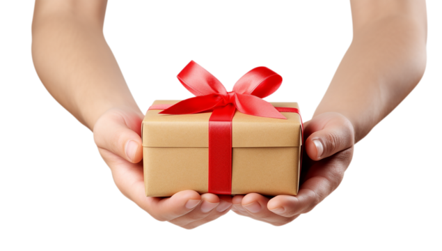 Hands holding gift box on transparent background. Decoration card. Birthday, valentine, christmas, new year, father mother day. Copy space, side view