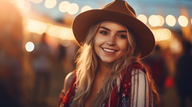 Woman in country clothes. Blurred background with music festival