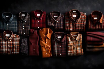 A collection of cozy flannel shirts in rich autumnal colors, neatly folded and displayed against a dark background.