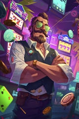 Casino Illustration with Chips, Dice, Slot Machines, and Players