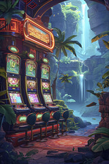 Casino Illustration with Chips, Dice, Slot Machines, and Players