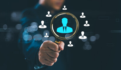 Customer Relationship Management CRM concept. Human Resource HR, network client hiring target. Business employee management, people recruitment technology. Audience use magnifier search human office.