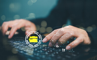 Document Management System DMS concept. Download file folder, flying blank document computer cloud...