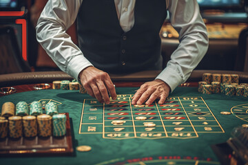 Casino Illustration with Chips, Dice, Slot Machines, and Players