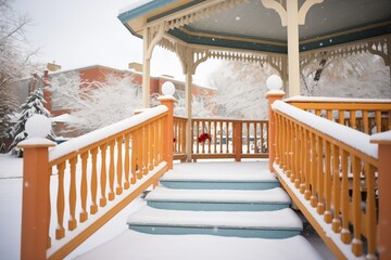 fresh snowfall on gazebo steps and handrails