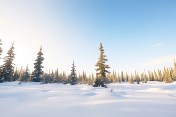 a snow-drifted clearing with evergreens