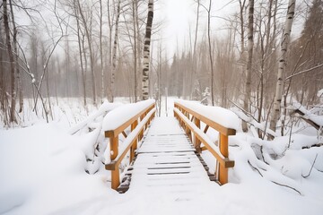 a wooden footbridge in a forest covered with thick snow