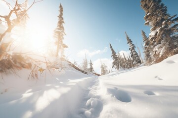 snowshoe trails zigzagging up a snowy ascent