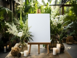 Mockup of a white canvas on an easel as a welcome sign at wedding party - obrazy, fototapety, plakaty