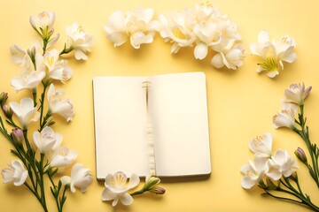A cluster of freesia flowers adorning a notebook mockup on a pale yellow background, representing innocence and thoughtfulness.