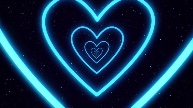 Flying through the bright blue tunnel of glowing neon hearts in the space. Blue hearts forming a tunnel surrounded by sparkling stars. Hearts tunnel animation. Streaming, screensaver. Saint Valentine
