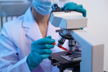 Science test tubes, laboratory equipment for new medical research, microbiology research with small...