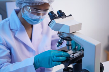Science test tubes, laboratory equipment for new medical research, microbiology research with small...