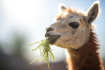 Obraz premium alpaca with mouthful of grass, sun overhead