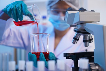 Science test tubes, laboratory equipment for new medical research, microbiology research with small...