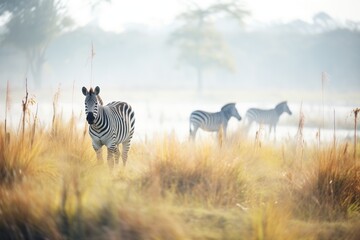 zebra grazing in foggy savannah - obrazy, fototapety, plakaty