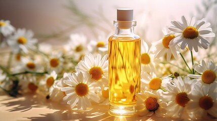Bottle with oil and chamomile flowers around on isolated background. Use of chamomile in spa, cosmetology, aromatherapy and medicine - obrazy, fototapety, plakaty