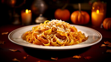 pumpkin fettuccine topped with grated parmesan cheese