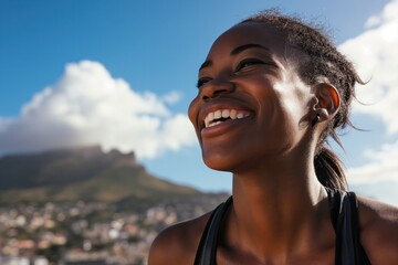 Fitness, black woman and happy athlete smile after running, exercise and marathon training workout. Blue sky, summer sports and run of a African runner breathing with happiness from sport outdoor 