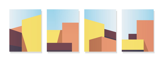 Abstract depiction of geometric buildings in a minimalist modern art style. Facade shapes against a clear sky background. Bright colors ideal for wall art, posters, banners, cards, and decorations.