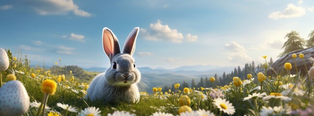 Easter landscape, rabbit, colorful eggs and daisy flower in green grass on meadow under beautiful sky. Background design for banner