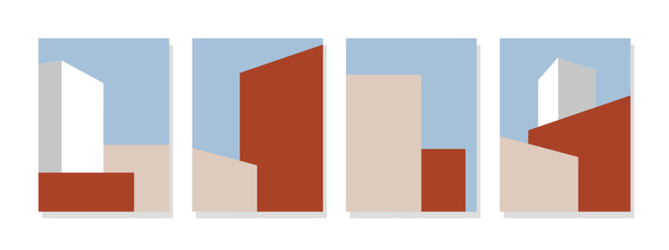 Minimalist architecture wall art series in a modern style, with vibrant colors ideal for wall art, posters, banners, cards, and decor.