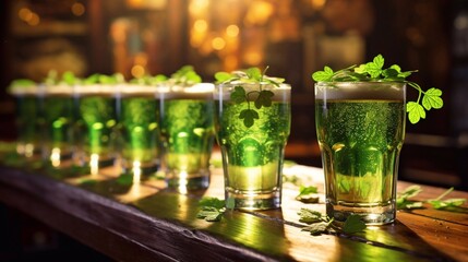 Group of pint glasses with green beer on wooden table with defocused pub background for St. Patrick's Day.