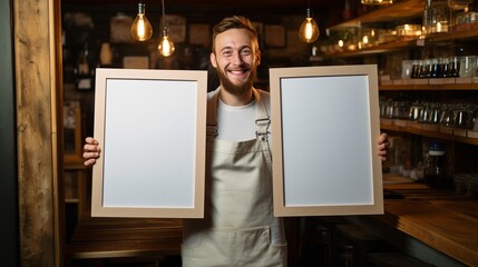 Handsome man holding two empty frames in cafe.
