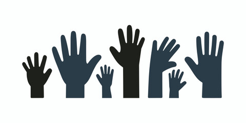 A series of silhouettes of hands of different sizes stretched upwards on a white background.