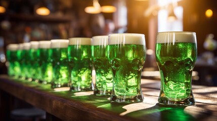 Group of pint glasses with green beer on wooden table with defocused pub background for St. Patrick's Day.