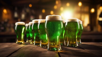 Group of pint glasses with green beer on wooden table with defocused pub background for St. Patrick's Day.