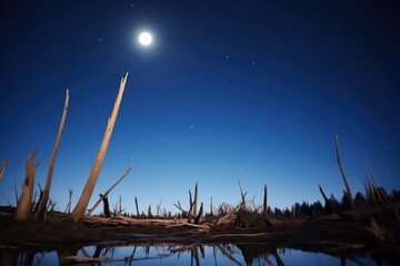 moonlit silhouette of beaver dam