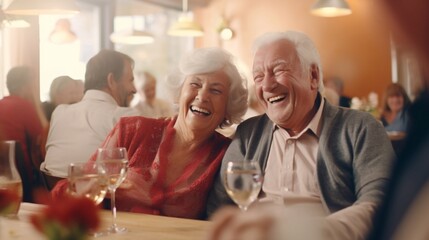 mid age beautiful elderly senior model woman and man visiting café, Joyful senior citizens enjoying companionship at a social club. people lifestyle concept