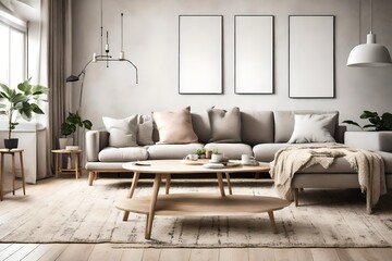 A cozy living room with a blank frame above a minimalist sofa, simple coffee table, and soft rug.