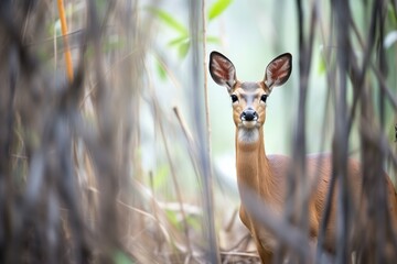 young bushbuck standing alert in the underbrush