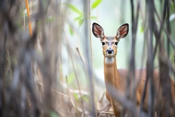 Foto op Canvas young bushbuck standing alert in the underbrush © studioworkstock