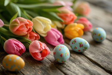 Fototapeta na wymiar Happy Easter with tulips and decorative eggs in various colors 