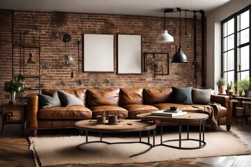 A rustic-industrial living room with a blank frame, accentuating a leather sofa, wooden coffee table, and a mix of vintage and modern decor.
