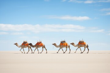 camel caravan crossing sandy dunes