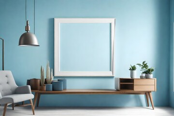 An HD capture of a living room with a blank frame suspended above a minimalist wooden console table, set against a backdrop of light blue walls.