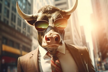 business bull in suit on city street , Generative AI