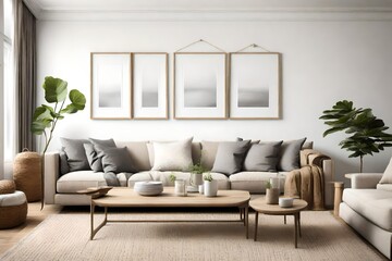A tranquil and serene living room with a blank frame above a comfortable sofa, natural textures, and calming decor elements.