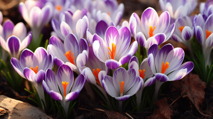 Naklejka premium Purple and white crocuses with bright orange stigmas blooming amidst fallen leaves, capturing the essence of spring.